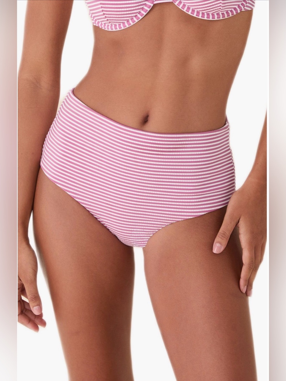 Andie High Waist Bikini Bottoms Pink & White Seersucker Stripe size Small